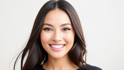 Naklejka premium Portrait beautiful brunette model woman with white teeth smile, healthy long hair and beauty skin on light background. Concept of advertising dentist and facial care. Generative AI