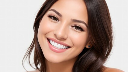Portrait beautiful brunette model woman with white teeth smile, healthy long hair and beauty skin on light background. Concept of advertising dentist and facial care. Generative AI