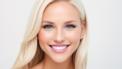 Portrait beautiful blonde model woman with white teeth smile, healthy long hair and beauty skin on light background. Concept of advertising dentist and facial care. Generative AI
