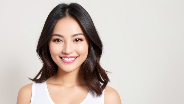 Portrait beautiful brunette Asian model woman with white teeth smile, healthy long hair and beauty skin on light background. Concept of advertising dentist and facial care. Generative AI