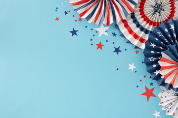 Plan for a grand celebration on the Fourth of July. Top view flat lay of patriotic paper props and...