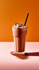 Chocolate milkshake on trendy gradient background. Generative AI