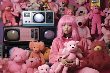 Obraz premium Photo of a young asian woman with vibrant pink hair posing with a collection of stuffed animals toys in a retro tv store, y2k, y2k aesthetic millenial pink room. Generated AI.