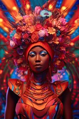 Fototapeta na wymiar Beautiful afro american dark haired woman girl posing in a room full of fresh flowers. Generated AI.