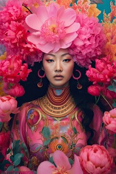 Beautiful asian dark haired woman girl posing in a room full of fresh flowers. Generated AI.