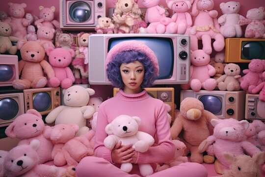 Photo of a young asian woman with vibrant pink hair posing with a collection of stuffed animals toys in a retro tv store, y2k, y2k aesthetic millenial pink room. Generated AI.