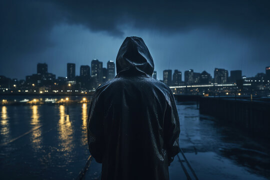 A faceless man in a hood at night in a city landscape. Generative AI illustration.