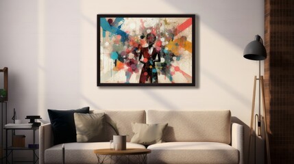 Abstract color painting above sofa in bright modern interior