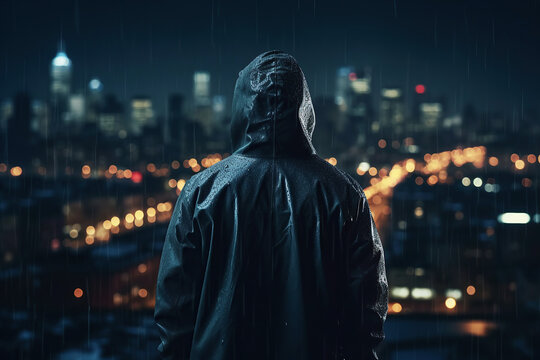 A faceless man in a hood on the roof against the background of the city at night. Generative AI illustration.