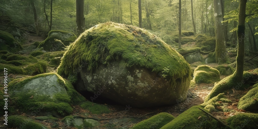 Poster a boulder that is entirely covered with moss and is situated in the midst of a forest generative ai