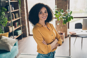 Profile photo of charming cheerful corporate lawyer lady folded hands posing toothy smile spacious...