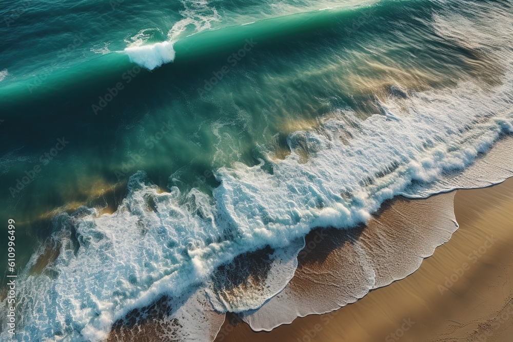 Poster a bird's-eye view of a beach with a wave breaking in the distance generative ai