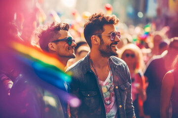 Beautiful smiling gay couple at the pride parade. Rainbow flag at the background. Cinematic light. Realistic illustration made with Generative AI - obrazy, fototapety, plakaty