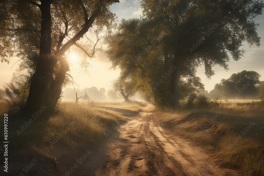 Poster a shady dirt path that winds through the woods on a day when there is fog. generative ai