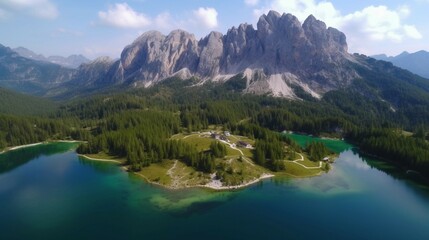 Fototapeta na wymiar Aerial View of a Serene Lake and Majestic Mountain Landscape