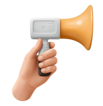 Cartoon hand in 3d style holding megaphone loudspeaker over transparent background. 3d render style. Generative ai.