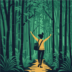 Obraz na płótnie Canvas Girl tourist with raised hands in the bamboo forest. Ecological bamboo forest vector flat illustration.