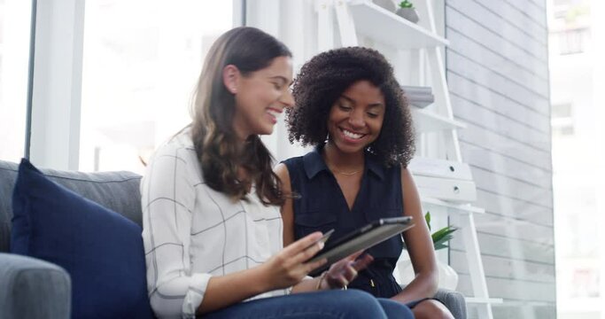 Online shopping tablet, credit card and women friends happy for bank account payment, fintech or web store sales. Customer discount, ecommerce or home people happiness for omnichannel banking success