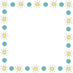 Vector square frame, border from the Earth and the Sun in doodle flat style. Bright background, decoration on theme of space, astronomy, kids design