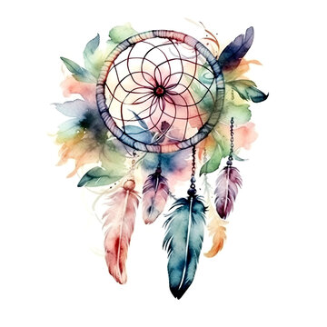 Watercolor decoration bohemian dream catcher, boho feathers decoration, native dream chic design