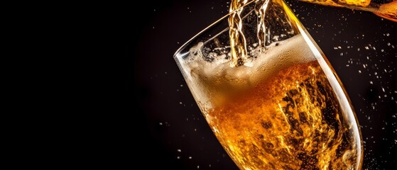 Beer is elegantly poured into a large glass against a dark background. Generative AI