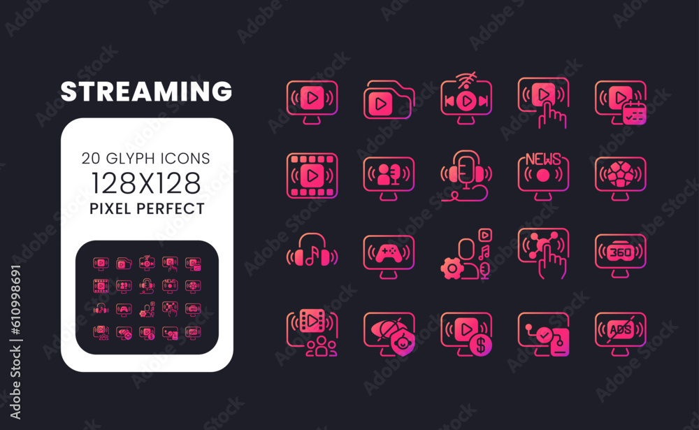 Poster streaming pink solid gradient desktop icons. live video. digital content. broadcasting technology. p