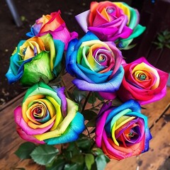 Fototapeta na wymiar Small bouquet of rainbow roses
