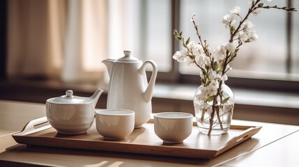 White teaware on a tray. Concept of minimalism. Generative AI