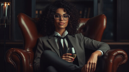 Bllack woman in a business suit standing in a confident pose. Woman's rights equality success of African-American people generative ai - obrazy, fototapety, plakaty