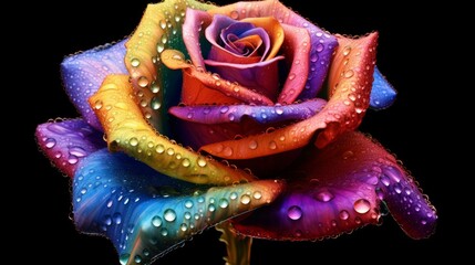 Abstract rainbow rose with dew drops