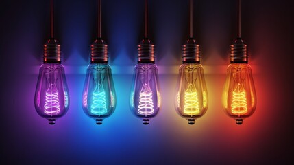 Colorful light bulbs with neon lights, abstract glowing background, digital illustration