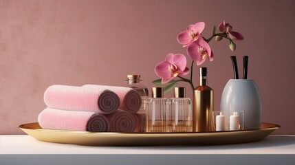 Spa setting with a white bathtub, a pink towel and a gold tray with skin care products