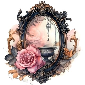 Beautiful Watercolor And Ink Illustration Of A Fantasy Magical Soul-Stealing Mirror, Gorgeous Art Nouveau Details, Pink Rose And Black Color Scheme, Mysterious, Eerie, And Romantic, Png On Plain White