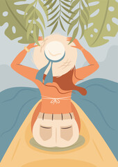 Woman kayaking. Summer water sport. Vector illustration.