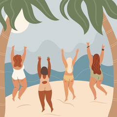Hello summer, happy women on the beach. Vector illustration