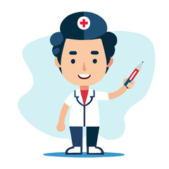 Nurse man with pen showing results. Doctor illustration pointing on, doctor in uniform, cute cartoon vector design