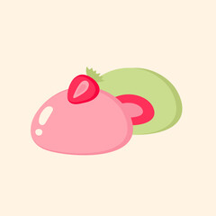 Moti. Japanese traditional weet soft dessert. Ball of rice flour with bean paste. Bento mochi dish. Cartoon japanese mochi with strawberry and green tea