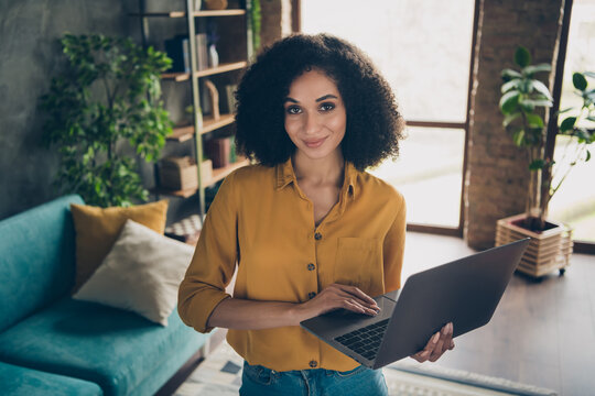 Photo Of Sweet Charming Lady Assistant Wear Shirt Communicating Modern Device Indoors Workplace Workstation