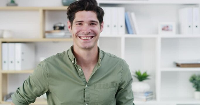 Phone, office and face of laughing man reading funny meme, online comic or social media post about company advertising joke. Comedy, happiness and portrait of male person laugh in startup agency