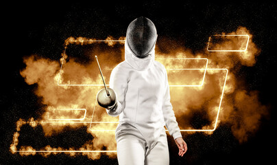 Fencer fencing on the black background with yellow neon lights. Template for bookmaker ads with copy space. Mockup for betting advertisement. Sports betting, gambling, bookmaker, big win