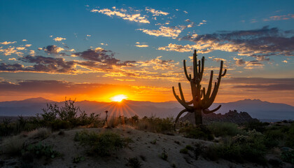 Vibrant Desert Sunrise With Sun Beams And Large Saguaro Cactus In Arizona