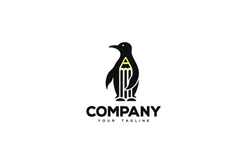 Logo design of a penguin with the center negative space shaped like a pencil. 