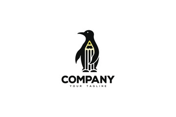 Logo design of a penguin with the center negative space shaped like a pencil. 
