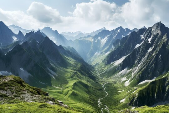 view from the top of the mountains, beautiful green valley, generative ai