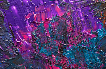 Abstract grungy background in purple,pink,black,blue oil paint.