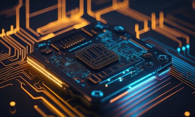 Photography of cyber circuit board components microchip with chip structure