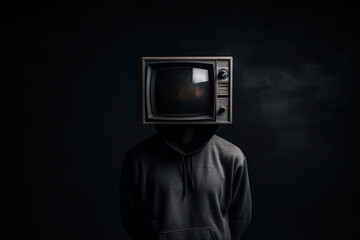 A man in a costume with a television head on a dark background . Generative AI illustration.