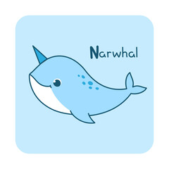 Vector square card from the alphabet with a cute animal for kids learning. The letter N - narwhal. Illustration with caption. Hand-drawn character on a blue background with a white frame