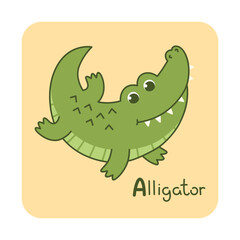 Vector square card from the alphabet with a cute animal for kids learning. The letter A - alligator. Illustration with caption. Hand-drawn character on a yellow background with a white frame