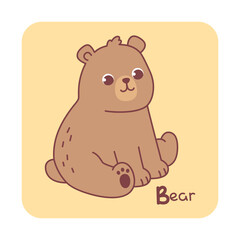 Vector square card from the alphabet with a cute animal for kids learning. The letter B - bear. Illustration with caption. Hand-drawn character on a yellow background with a white frame